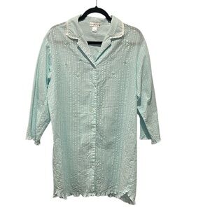 Miss Elaine Aqua and white seersucker long sleeve button down night shirt Large